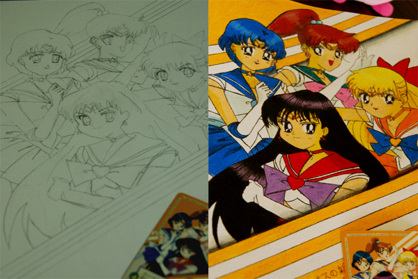 Left: Sketch of poster; Right: Completed poster with colour